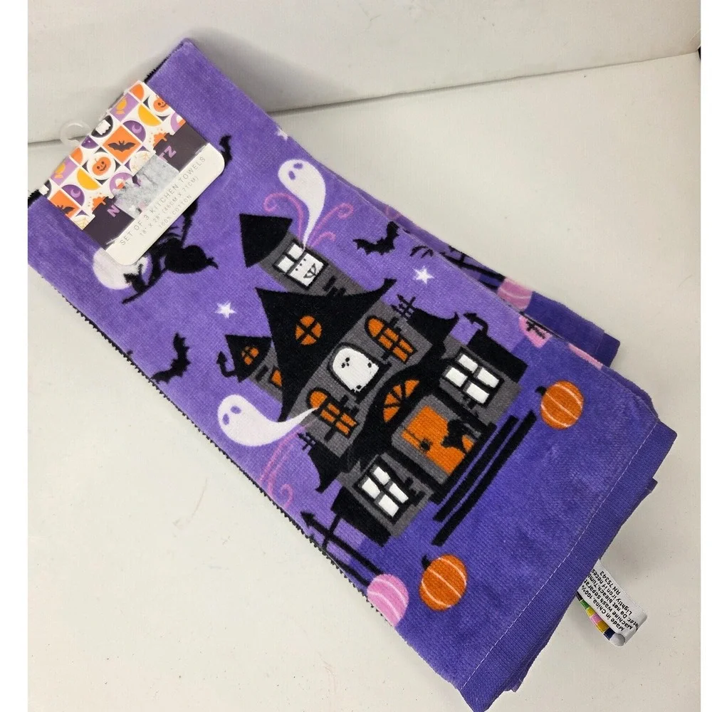 Halloween Haunted House Kitchen Towels Set Purple Black Cotton Ghost Cat Bat